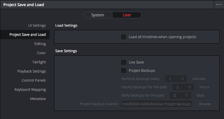 Resolve Project Save and Load preferences showing Live Save and Project Backups