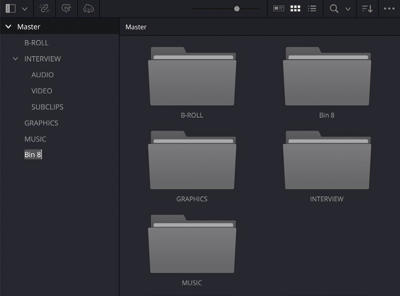 DaVinci Resolve Media Pool showing a hierarchy of bins