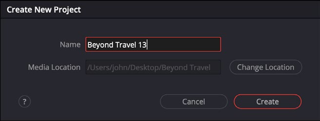 Create New Project dialog in DaVinci Resolve