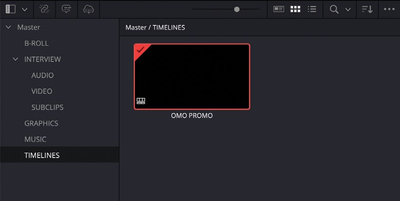 A newly created OMO PROMO timeline inside the TIMELINES bin
