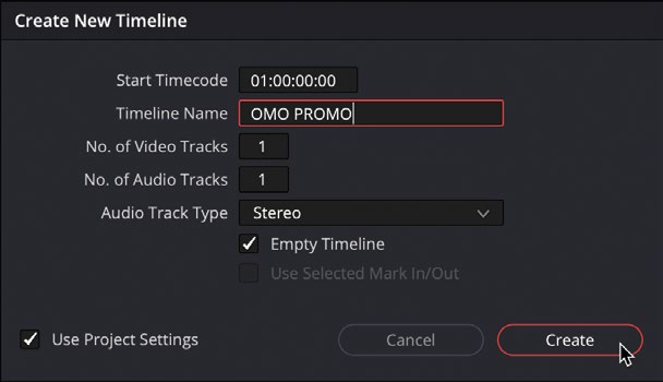Create New Timeline dialog named OMO PROMO
