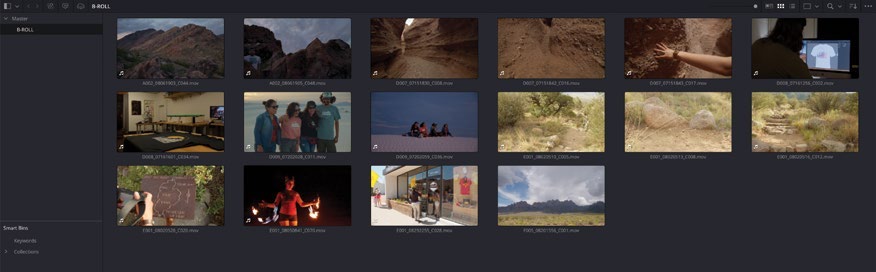 Media Pool showing clips linked to a Resolve project